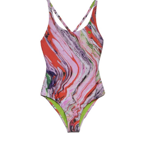 ACNE STUDIOS Witala Face Marble Print One-Piece Swimsuit Sz S - Picture 3 of 14